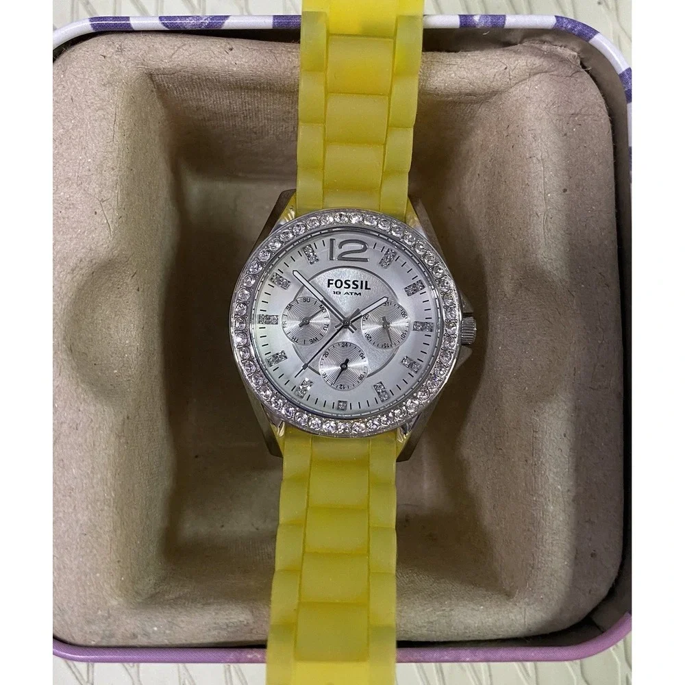 Fossil Womens ES2525 Watch Yellow Silicone Strap Glitz Bezel Face Dazzle EUC